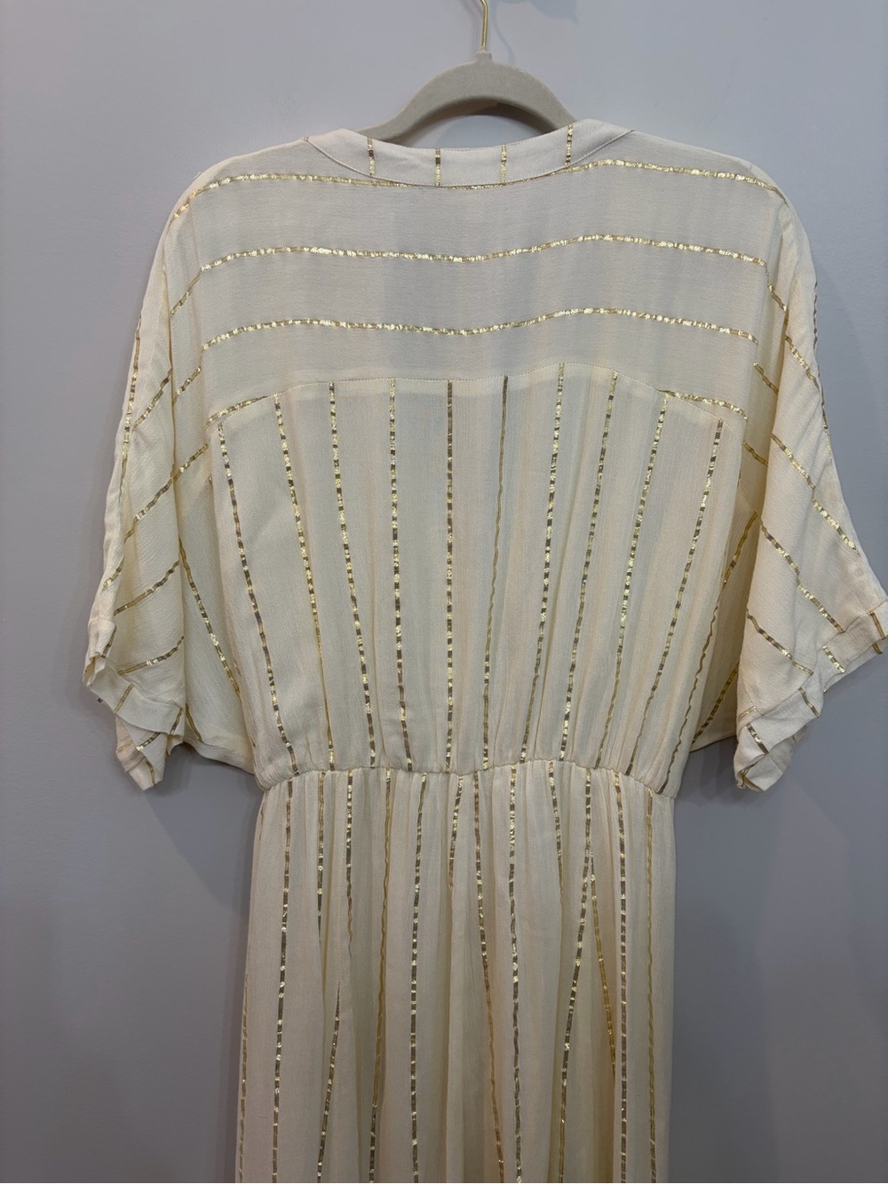 En Crème Sabrina Lurex Kimono Maxi Dress Cream Gold Stripes Asymmetrical Hem L - Picture 7 of 13